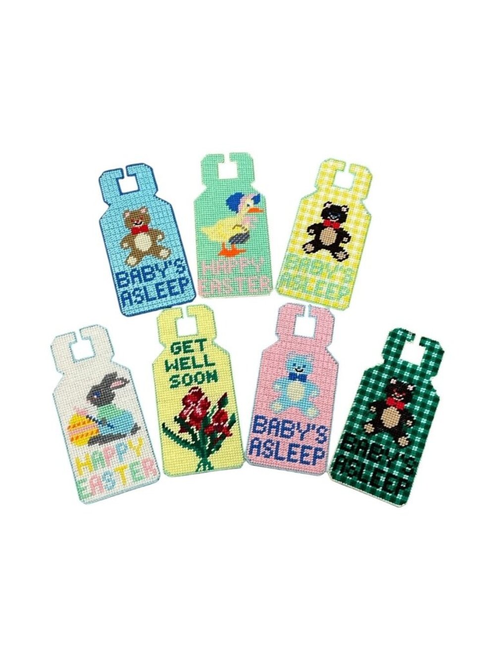 7 Vintage Completed Plastic Canvas Door Knob Hangers Cottagecore Grannycore